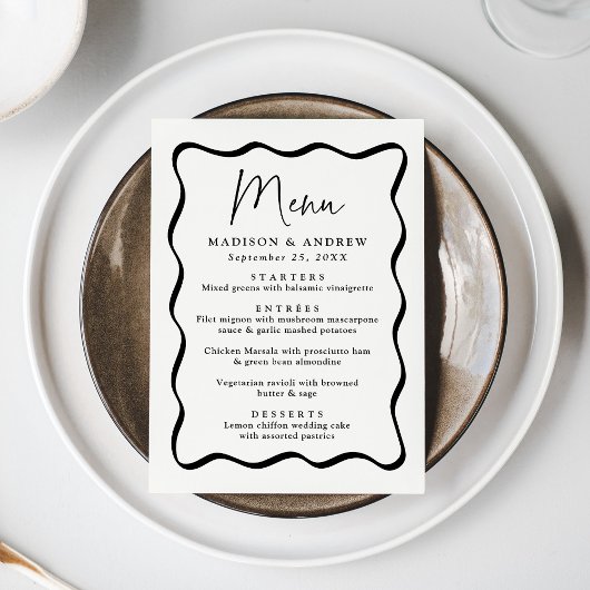 Menu Mariage Moderne Cadre Ondulé Crème et Noir