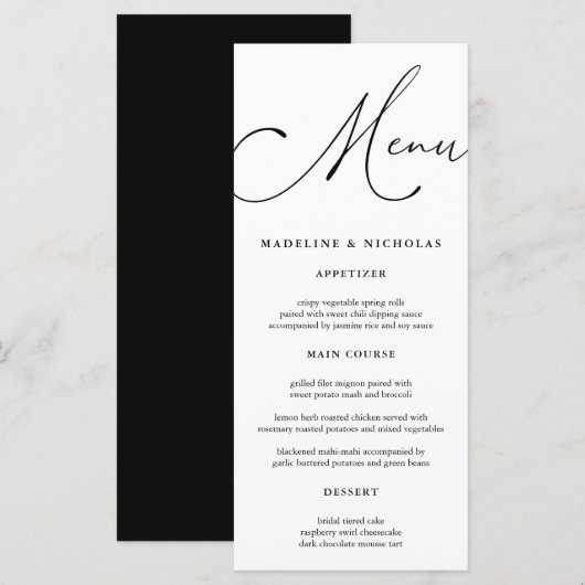 Menu Mariage moderne calligraphié noir et blanc (Devant / Derrière)