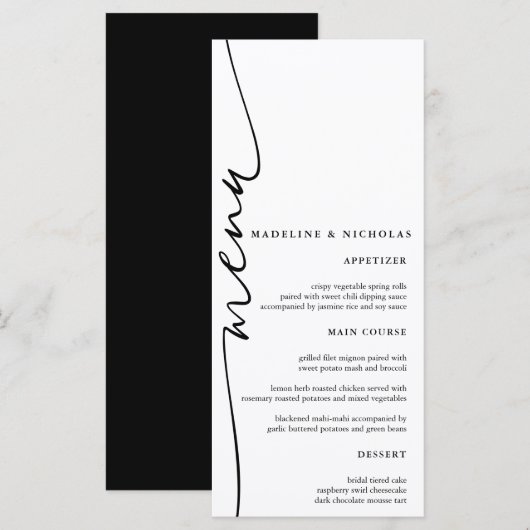 Menu Mariage Moderne Calligraphie Simple Noir Et Blanc (Devant / Derrière)