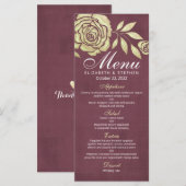 Menu mariage Moderne Chic Doré Rose Bourgogne Roug (Devant / Derrière)