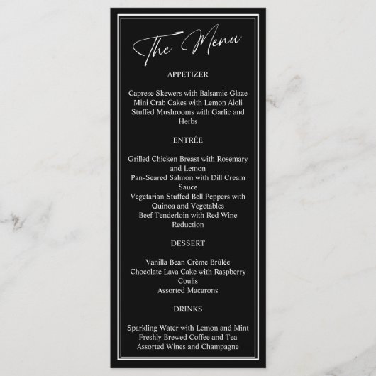 Menu Mariage moderne classique noir et blanc (Devant)