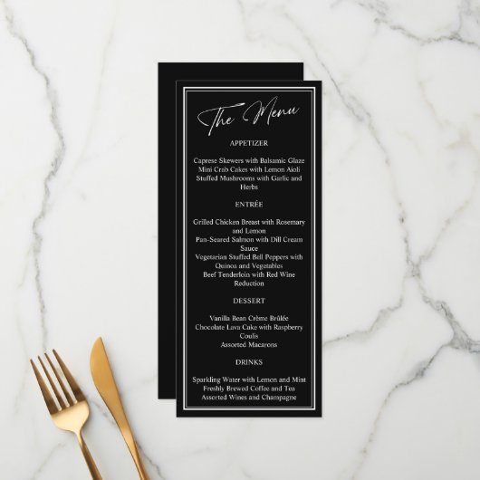 Menu Mariage moderne classique noir et blanc (Devant/Arrière en situation)