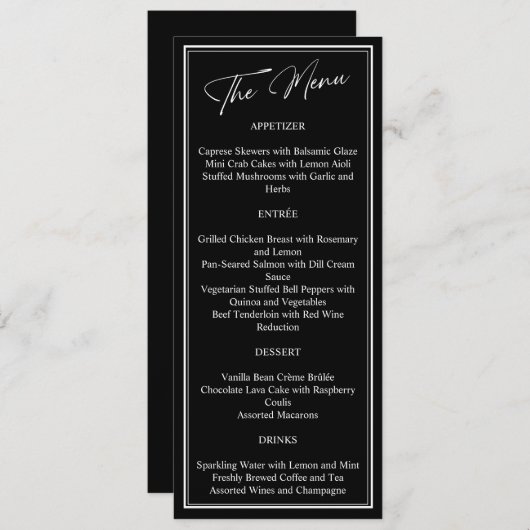 Menu Mariage moderne classique noir et blanc (Devant / Derrière)