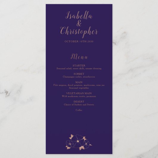 Menu mariage moderne Cuivre et bleu fleuri (Devant)