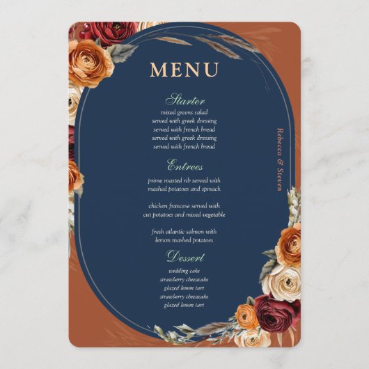Menu Mariage moderne design moderne automne orange mari (Devant)