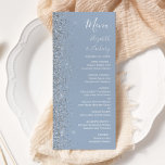 Menu Mariage moderne Dusty Blue Silver Parties scintill<br><div class="desc">Le bord gauche de cet élégant menu mariage moderne présente un style de parties scintillant en faux argent. Le texte personnalisable combine écriture manuscrite blanche,  copperplate et polices italiques sur un arrière - plan bleu poussiéreux. L'envers présente une parties scintillant bleu et argent poussiéreux assortie.</div>