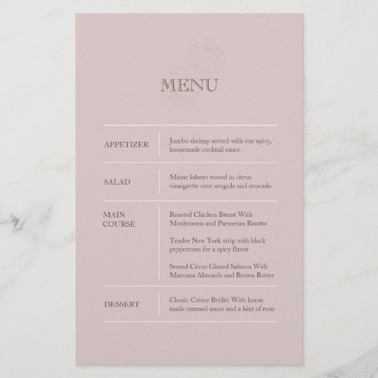 Menu Mariage moderne Dusty Rose (Devant)