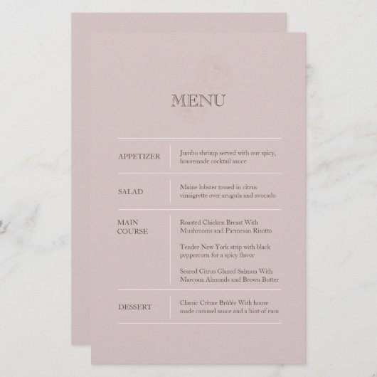 Menu Mariage moderne Dusty Rose (Devant / Derrière)