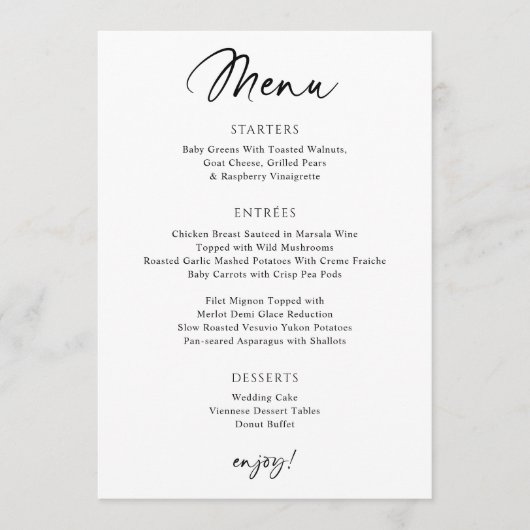 Menu Mariage moderne Écriture simple (Devant)