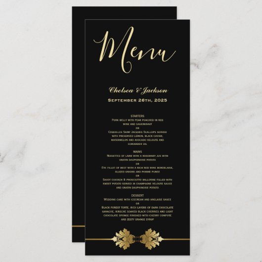 Menu Mariage moderne Elegant Black Gold (Devant / Derrière)