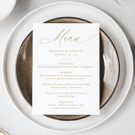 Menu Mariage Moderne Élégant Calligraphie Dorée