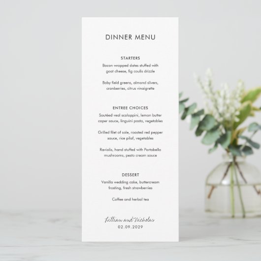 Menu Mariage Moderne Élégant en Noir et Blanc (Debout devant)