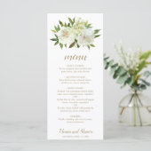 Menu Mariage Moderne Élégant Fleurs Blanches Or (Debout devant)