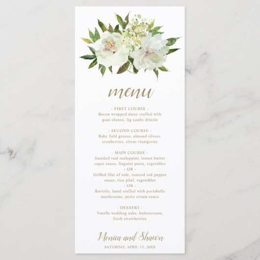 Menu Mariage Moderne Élégant Fleurs Blanches Or (Devant)