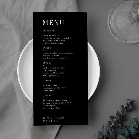 Menu Mariage moderne élégant noir et blanc simple