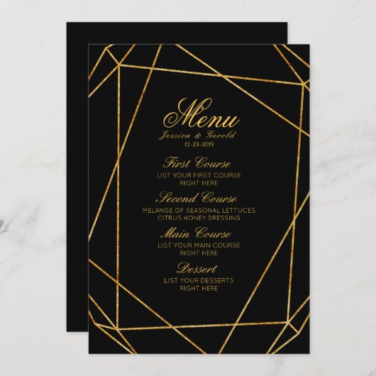 Menu Mariage moderne élégant noir & or (Devant / Derrière)