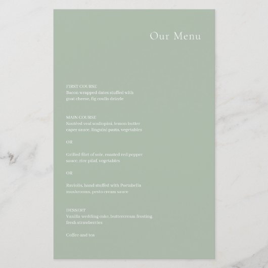 Menu Mariage moderne élégant Sage Green (Devant)