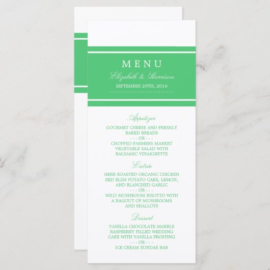 Menu Mariage moderne Emerald Green (Devant / Derrière)