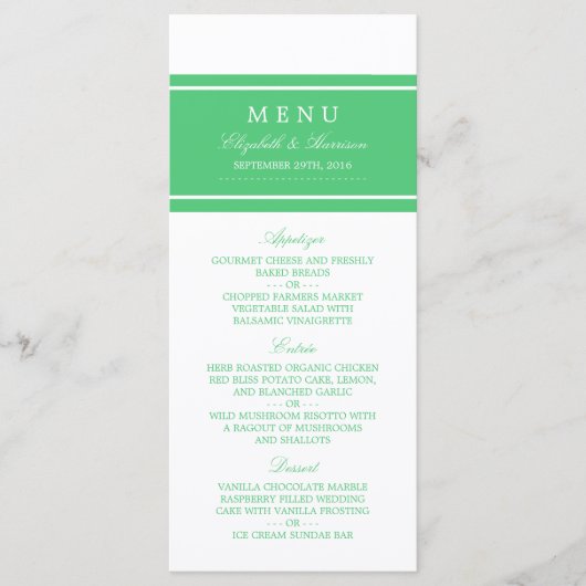 Menu Mariage moderne Emerald Green (Devant)