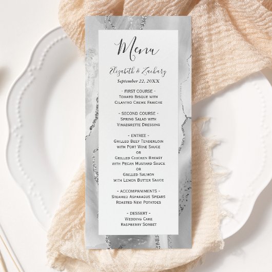 Menu Mariage Moderne en Agate Grise et Argent