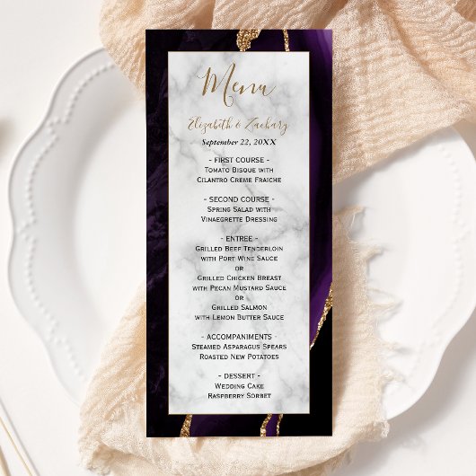 Menu Mariage moderne en marbre doré violet
