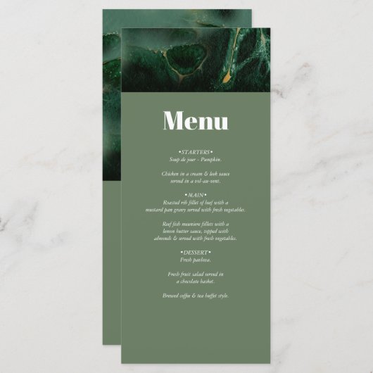 Menu Mariage moderne en marbre vert (Devant / Derrière)