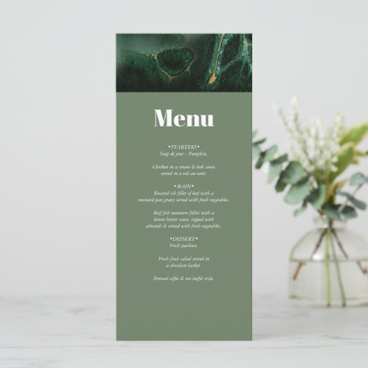 Menu Mariage moderne en marbre vert (Debout devant)