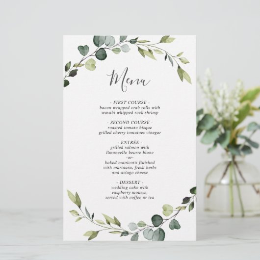 Menu Mariage moderne Eucalyptus Wreath Diner Menu (Debout devant)