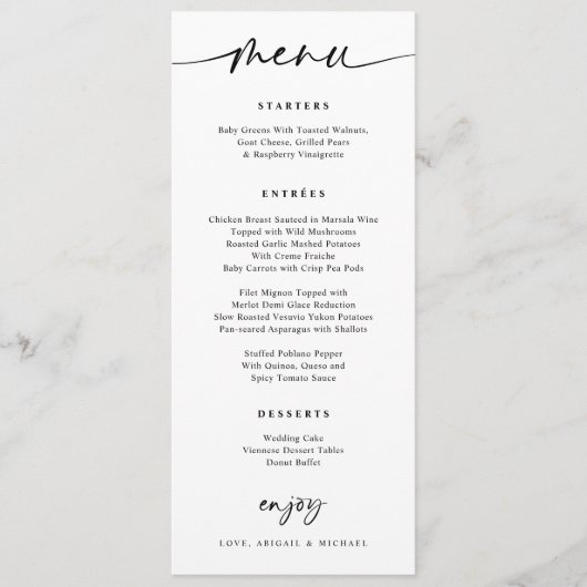 Menu Mariage moderne Fun Décontracté écriture manu (Devant)