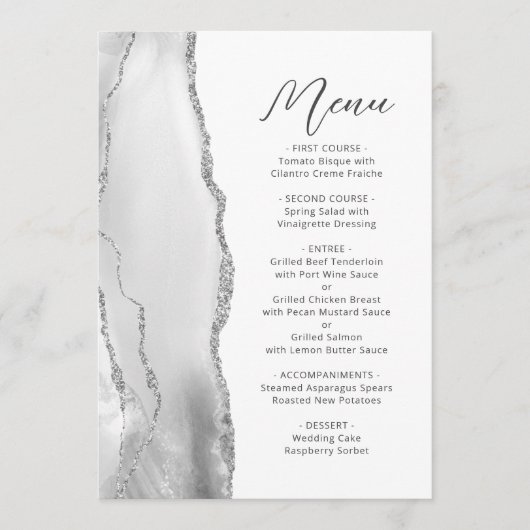 Menu Mariage Moderne Gris Agate Blanc Argent Script (Devant)