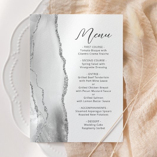 Menu Mariage Moderne Gris Agate Blanc Argent Script