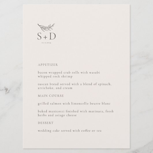 Menu Mariage moderne ivoire monogrammé (Devant)