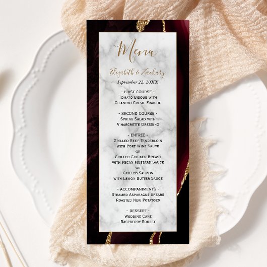 Menu Mariage Moderne Marbre Agate Bourgogne Or