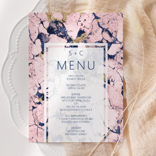 Menu Mariage Moderne Marbre Bleu Nuit Blush Or