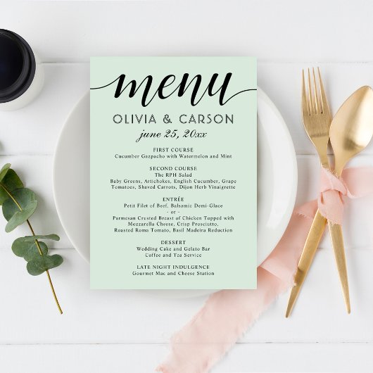 Menu Mariage Moderne Menthe et Écriture Noire