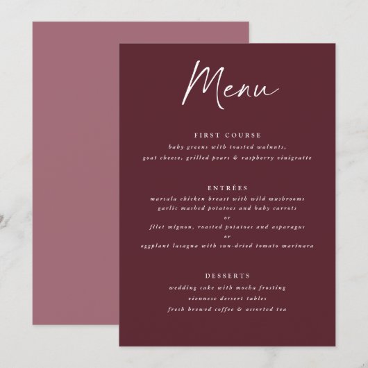 Menu Mariage Moderne Merlot Bourgogne Écriture Manuscri (Devant / Derrière)