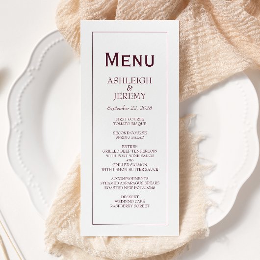 Menu Mariage Moderne Minimaliste Bourgogne Blanc