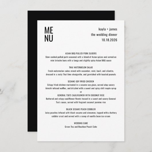 Menu Mariage moderne minimaliste noir blanc élégant (Devant / Derrière)