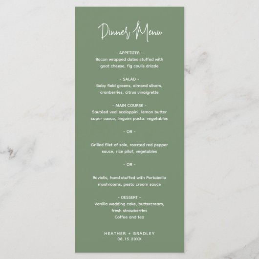 Menu Mariage Moderne Minimaliste Vert Sauge (Devant)