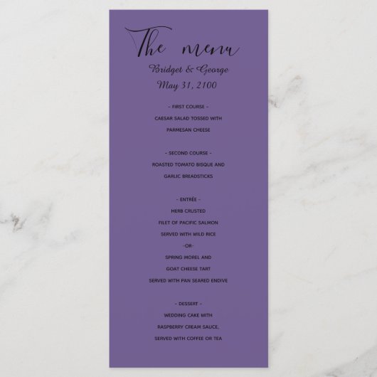 menu mariage moderne minimaliste violet (Devant)