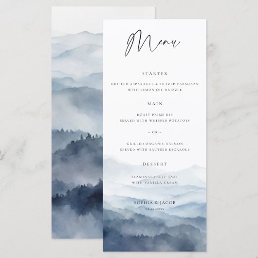 Menu Mariage Moderne Misty Blue Ridge Montagnes (Devant / Derrière)