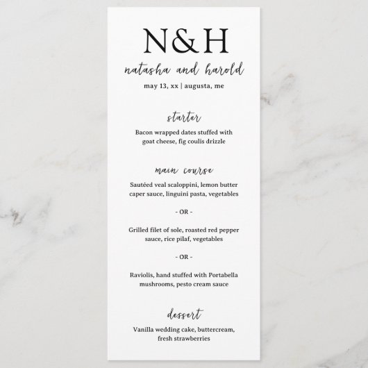 Menu Mariage Moderne Monogramme Gras Noir et Blanc (Devant)