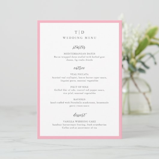 Menu Mariage Moderne Monogramme Rose Élégant (Debout devant)