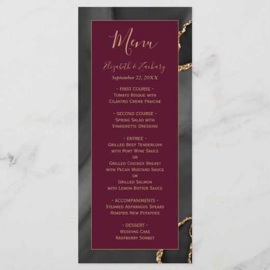 Menu Mariage Moderne Noir Agate Bordeaux Or (Devant)