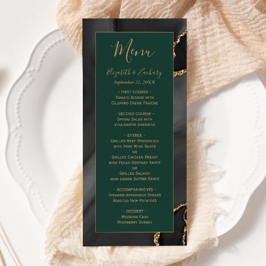 Menu Mariage Moderne Noir Agate Émeraude Vert