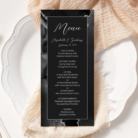 Menu Mariage Moderne Noir Argent Agate Sombre