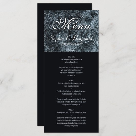 Menu Mariage moderne noir et argent (Devant / Derrière)
