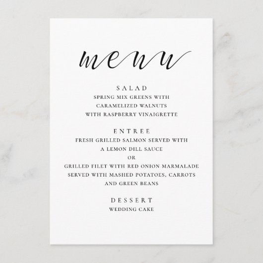 Menu Mariage moderne noir et blanc. Écriture minimalist (Devant)