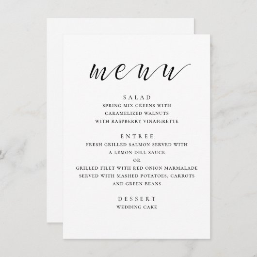 Menu Mariage moderne noir et blanc. Script minimal (Devant / Derrière)