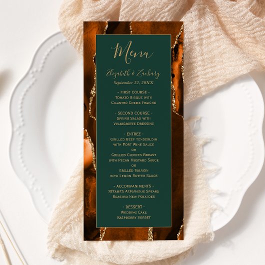 Menu Mariage Moderne Orange Brûlé Agate Vert Foncé Or